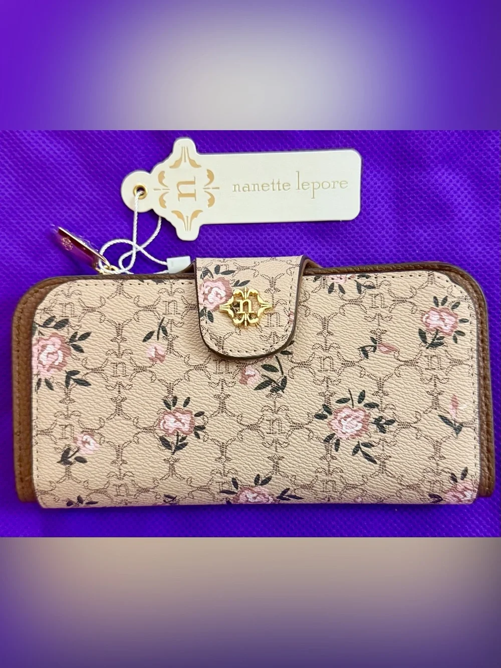 Nanette Lepore Beige Floral Wallet with Pink Rose Accents